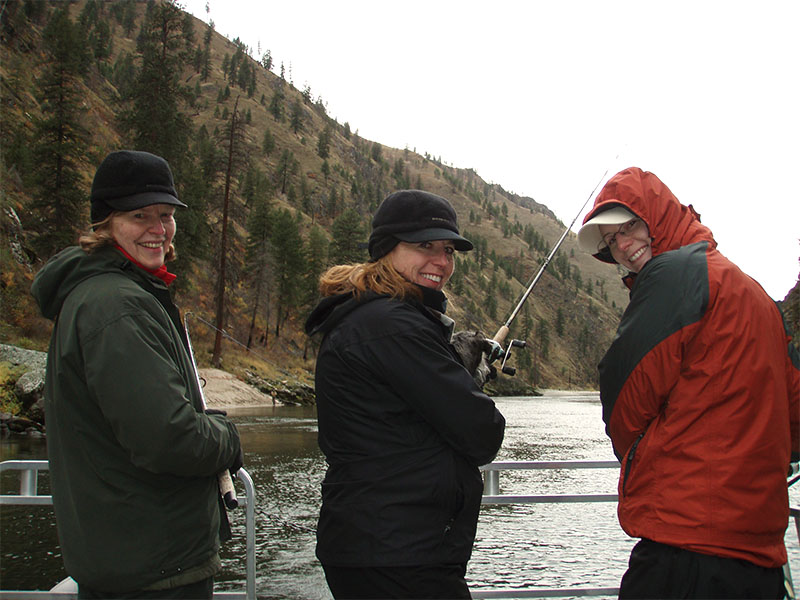 Owner Madeleine Turnbull with her mom and mother-in-law staying warm and enjoying a day of fishing on the Salmon River.